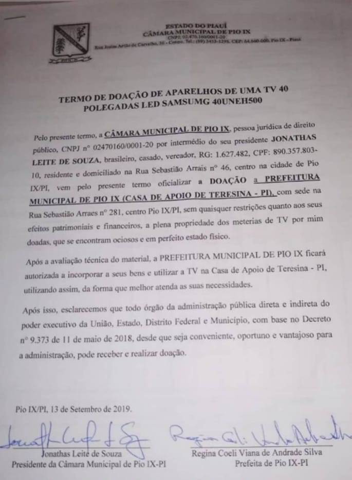 Câmara Municipal, através do presidente Jonjon, faz doação de uma tv para casa de apoio de Pio IX em Teresina