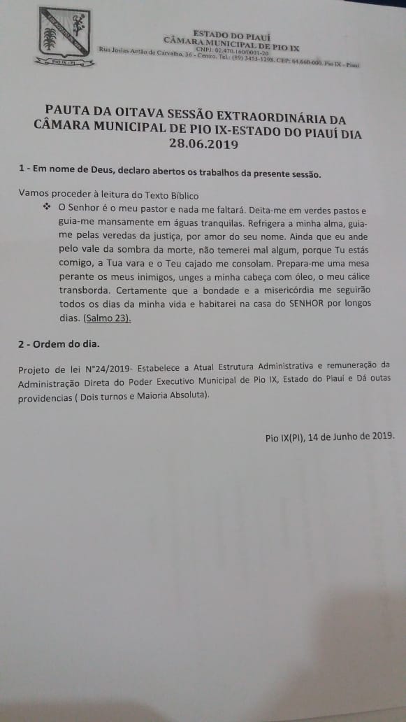 Câmara Municipal de Pio IX realizará nessa sexta feira (28.06) a 8ª e 9ª sessão extraordinária